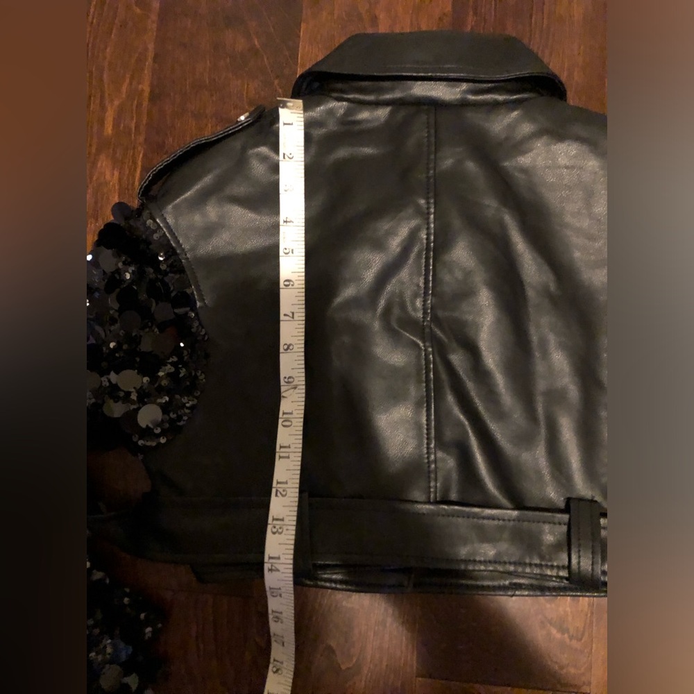 Faux Black Leather Jacket with Sequin Sleeves - Picture 4 of 5